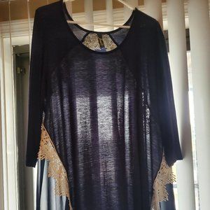 Navy Blue Blouse with Lace Trim